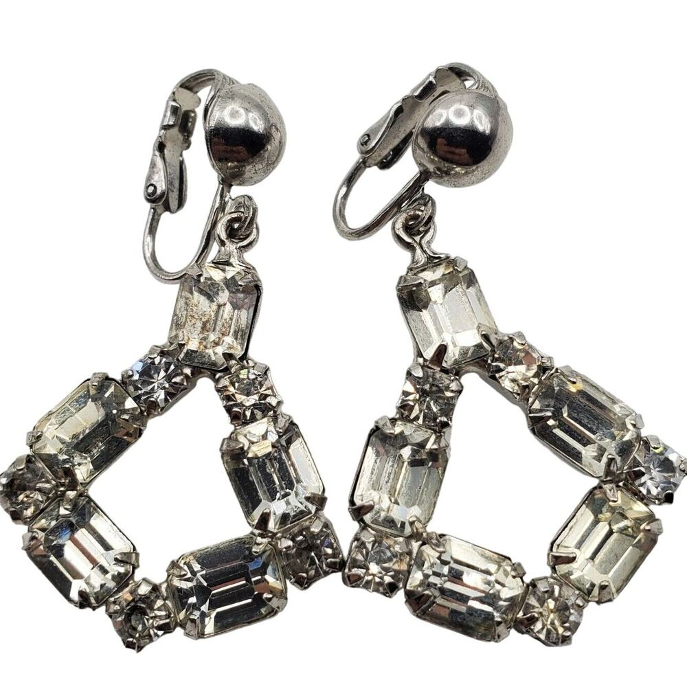Drop Rhinestone Clip On Earrings Vintage MCM Dangle Silver Tone Vintage 1950s
